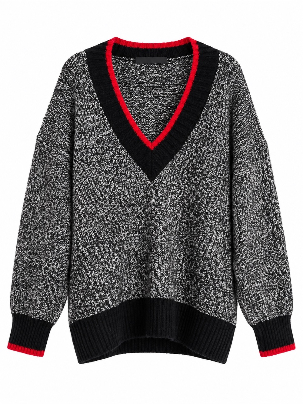 Marks & Spencer Black & White Marled V-Neck Sweater with Red Trim
